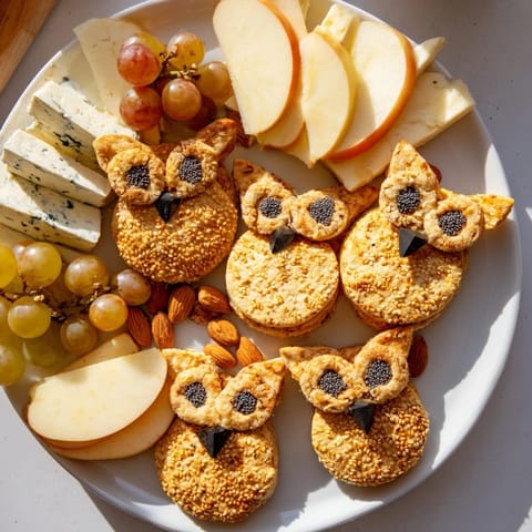 Visualize this delicious Owl Cracker and Cheese Board, a party-ready assortment with cheese, grapes, and nuts.