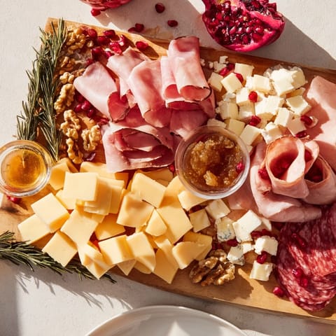 This Winter Forest Meat and Cheese Charcuterie Scene features artfully arranged meats and cheeses for entertaining.