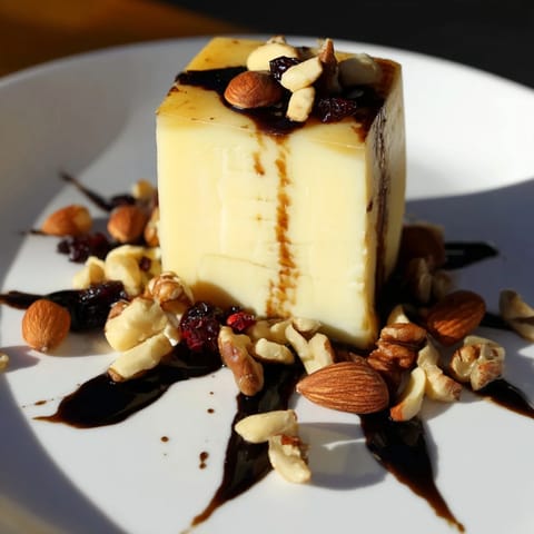 "The Sundial" cheese platter artfully displays a sundial-shaped cheese centerpiece and scattered nutty clusters.