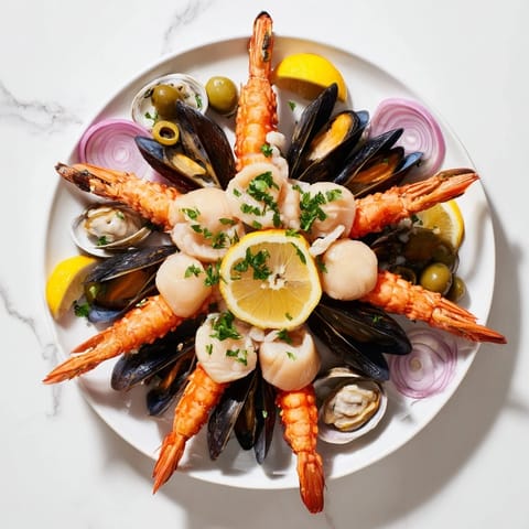 A visually appealing Starfish & Shell Appetizer Board, brimming with chilled seafood and dipping sauces for guests.