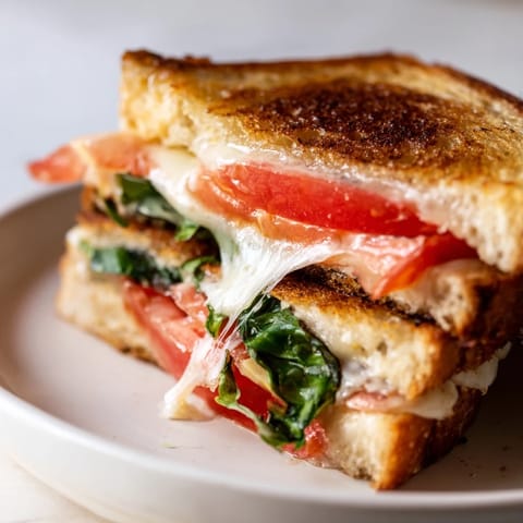 Perfectly toasted tomato basil grilled cheese showcases vibrant basil and ripe tomato flavors, ready to enjoy.