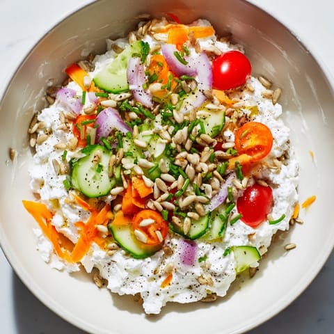 A high-protein Cottage Cheese Snack Bowl, ready in minutes, bursting with colorful, fresh ingredients.