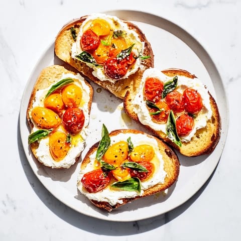 A close-up of Tomato Ricotta Toast, creamy ricotta spread on golden bread with olive oil drizzle.