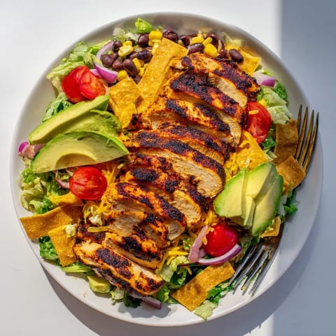 Bright and zesty Honey Lime Chicken Taco Salad topped with black beans, cherry tomatoes, shredded cheese, and crunchy tortilla strips.
