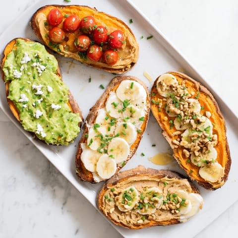Four colorful sweet potato toasts on a wooden board, featuring peanut butter, banana slices, granola, and a drizzle of honey.  