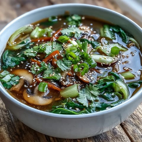 Miso Ginger Winter Soup with sliced mushrooms and wilted greens in a rustic bowl.
