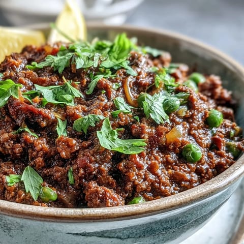Close-up of rich Venison Keema Curry in a rustic bowl, garnished with fresh cilantro and a wedge of lemon.