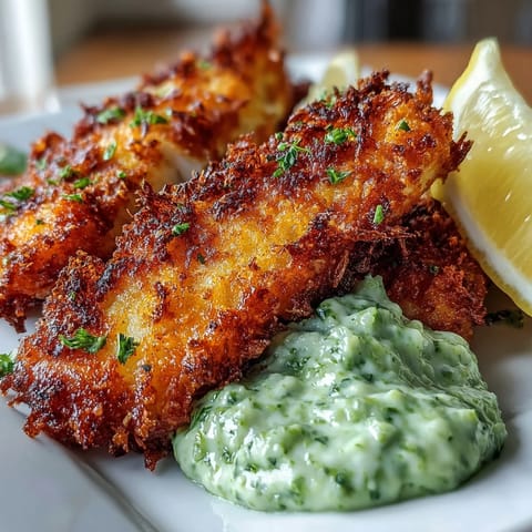 Golden-brown baked Haddock Goujons With Parmesan Crust are arranged on a plate next to a bowl of bright green pea pesto and lemon wedges.