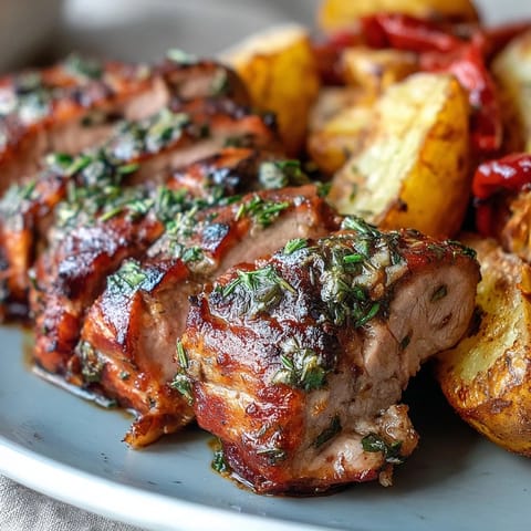 Golden roasted potatoes with paprika and thyme accompany the Marinated Ibérico Pork Fillet, with caramelized red peppers adding vibrant color and sweetness.