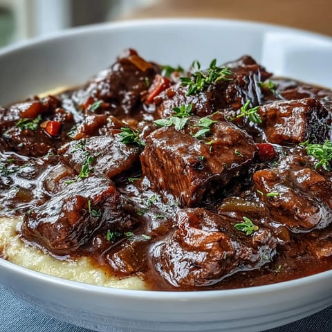 A spoon lifting tender venison and vegetables from the Venison Stew with Sloe Gin.