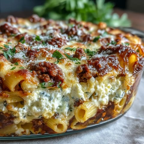 Close-up of Cottage Cheese Protein Pasta Bake with Ground Beef, featuring golden, bubbling mozzarella over a hearty tomato and beef mixture.
