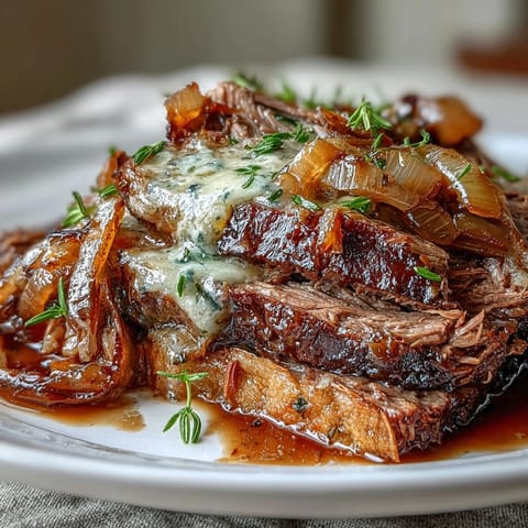 Slow-cooked Savory Crock Pot French Onion Pot Roast in a crock pot with onions and thyme.