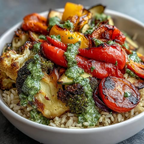 Close-up of the Rainbow Roasted Vegetable Bowl featuring colorful broccoli and purple cauliflower, steaming hot beside a glass of lemon water.