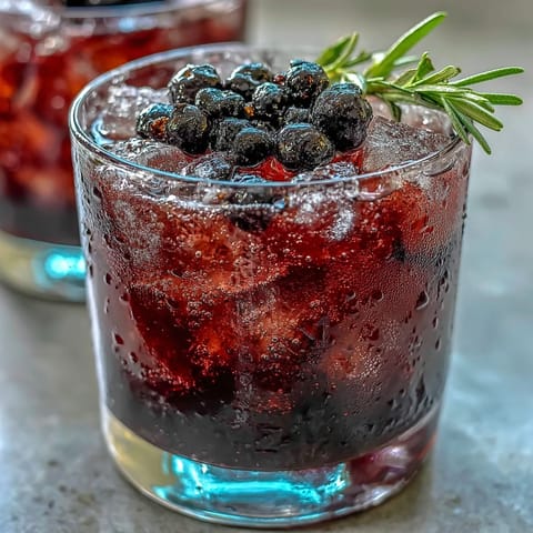 Chilled Black Currant Rosemary Cocktail in a rocks glass, garnished with a fresh sprig and lemon twist.