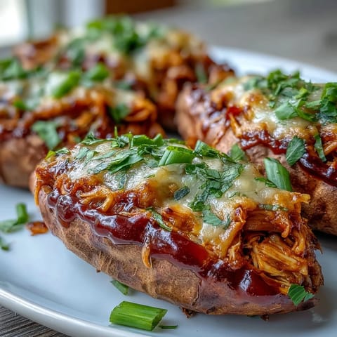 Two stuffed sweet potatoes with smoky honey BBQ chicken and melty cheese rest on a wooden board, garnished with fresh cilantro.