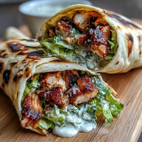 Golden grilled chicken strips nestled in a soft naan wrap with Caesar salad and Parmesan.