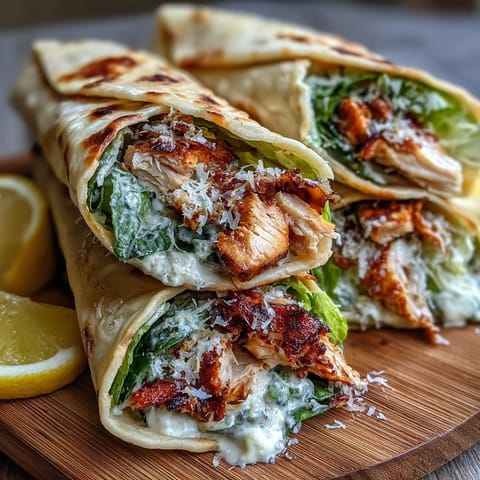 Golden-brown, char-marked Garlic Naan Grilled Chicken Caesar Wraps, filled with juicy sliced chicken, crisp romaine lettuce, and creamy Caesar dressing.