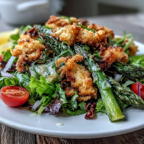 A hearty serving of Crispy Parmesan Asparagus Chicken Salad features golden baked asparagus, tender chicken, tomatoes, and bright lemon dressing on mixed greens.