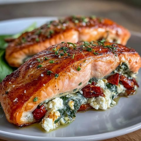 Baked salmon stuffed with spinach and feta, a Mediterranean-inspired dish perfect for weeknight dinners.  