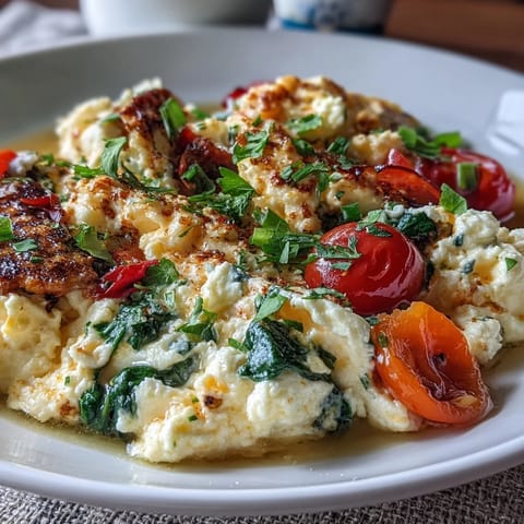 Fluffy scrambled eggs mixed with creamy cottage cheese and sautéed bell peppers, spinach, and tomatoes for a protein-rich breakfast.  