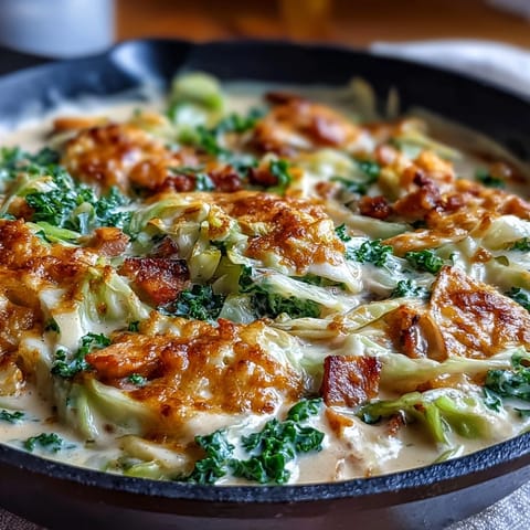 Creamy cabbage and ham skillet with tender vegetables in a rich, cheesy sauce, served in a cast iron pan.