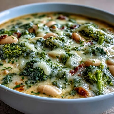 Creamy broccoli and cheddar bean soup in a white bowl, garnished with shredded cheese and fresh broccoli florets.