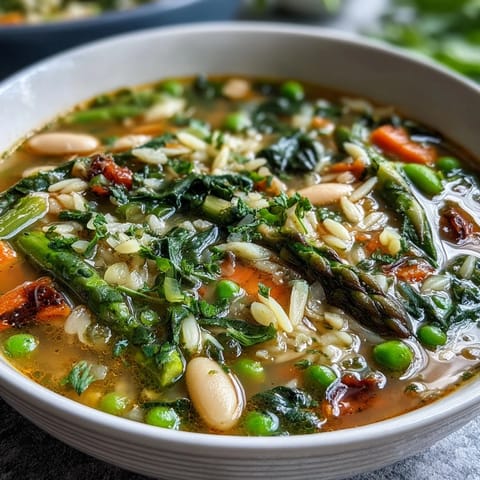 A vibrant bowl of spring minestrone with tender asparagus, white beans, and fresh herbs, perfect for a light and healthy meal.  