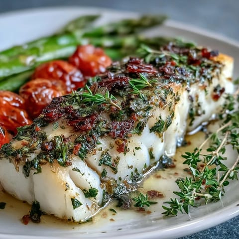 Flaky cod fillets seasoned with lemon, garlic, and fresh herbs, paired with crisp asparagus and juicy cherry tomatoes in a quick, gluten-free sheet pan meal.  