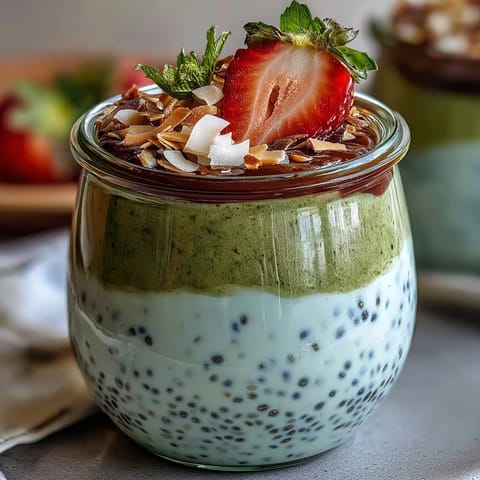 Layered strawberry matcha chia pudding jars featuring bright red strawberry puree, green matcha yogurt, and textured chia seed pudding.