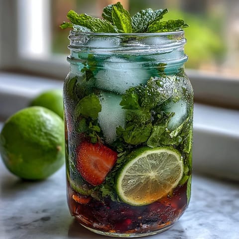 Vibrant non-alcoholic mojito pitcher bursting with fresh mint leaves, sliced limes, and sweet strawberries, ideal for sunny afternoons.
