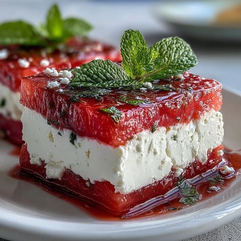 Watermelon feta skewers with mint, a vibrant summer appetizer on bamboo sticks. Juicy watermelon cubes paired with creamy feta and fresh mint leaves. Refreshing watermelon feta mint skewers, drizzled with olive oil and balsamic glaze. Perfect for parties or light snacking. Colorful watermelon feta and mint skewers, ideal for a healthy Mediterranean appetizer or quick summer snack.