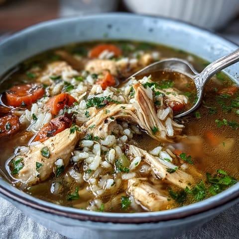 Hearty one-pot chicken and rice soup with vegetables, simmered to perfection for a wholesome, comforting meal.  