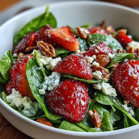 Fresh strawberry spinach salad with poppyseed dressing, topped with feta and almonds, perfect for a light lunch or side dish.  