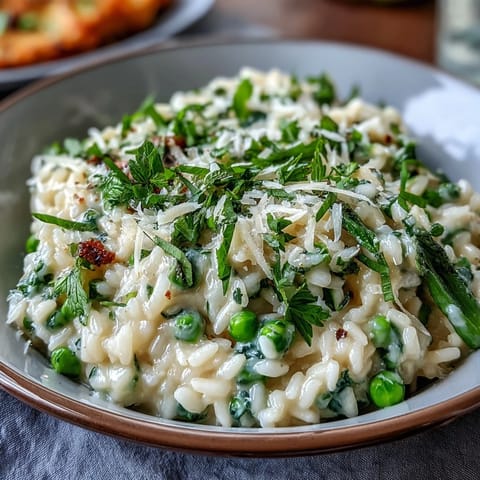Spring Dinner Party Pea and Mint Risotto with Parmesan, creamy and vibrant, served in a white bowl with fresh mint garnish.