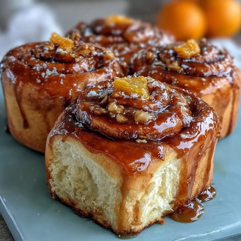 Warm orange-scented rolls fresh from the oven, topped with a zesty citrus glaze.  
