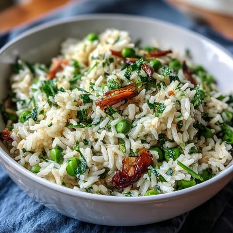 Spring Pea and Mint Rice Pilaf with vibrant green peas and fresh mint, a fragrant vegetarian side dish perfect for Easter or spring dinners.