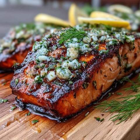 Cedar Plank Salmon with Garlic Dill sizzling on aromatic cedar, infused with fresh herbs and lemon zest.