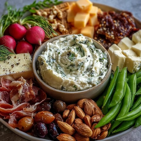 Spring Charcuterie Board with Radishes, Peas, and Herb Dip: A colorful arrangement of crisp vegetables, cured meats, and creamy herb dip on a rustic platter.  