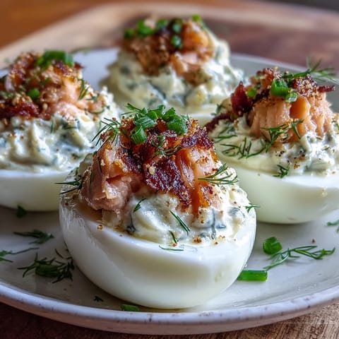 Creamy deviled eggs with smoked salmon and everything bagel seasoning for a flavorful appetizer.