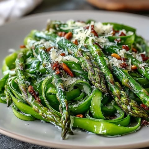 Bright spring salad of shaved asparagus tossed in lemon dressing, topped with Parmesan shavings.