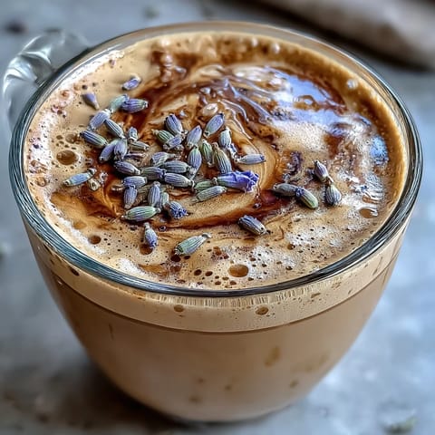 Creamy lavender oat milk latte with floral notes and rich espresso, served in a cozy mug with a sprinkle of dried lavender buds.