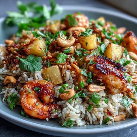 Vibrant pineapple fried rice with colorful vegetables, juicy pineapple chunks, and shrimp served in a fresh pineapple boat for a tropical meal.