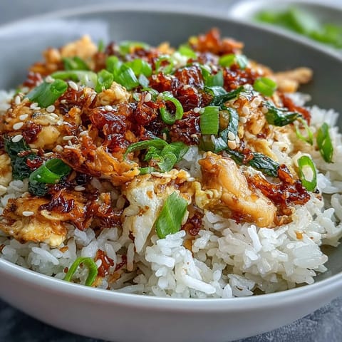Crispy chili crisp egg fried rice with fluffy scrambled eggs and scallions in a hot wok.