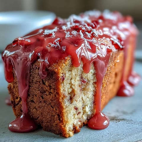 A golden slice of Blood Orange Polenta Cake, moist and gluten-free, with vibrant pink glaze dripping down the sides.