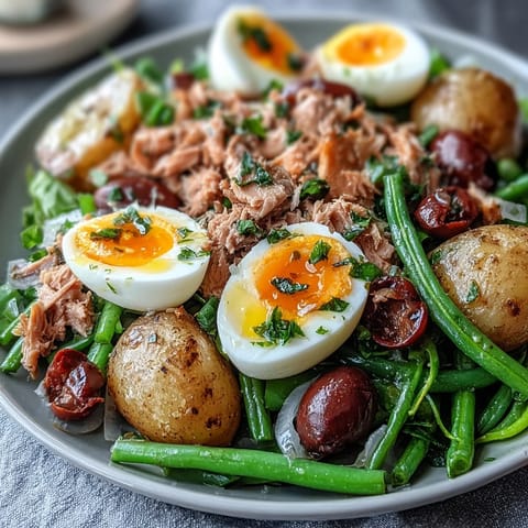 Spring Niçoise Salad with tender tuna, soft-boiled eggs, and vibrant vegetables on a bed of greens.