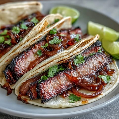 Smoked brisket tacos piled high with tangy pickled red onions and fresh cilantro.