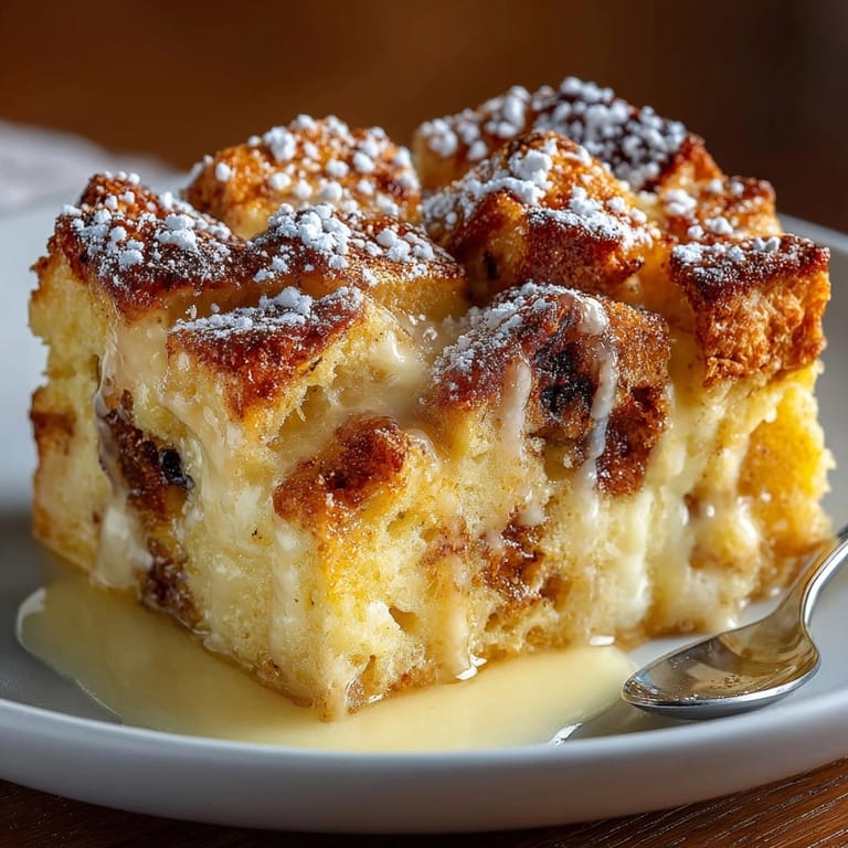 Close-up of warm Italian Panettone Bread Pudding, vanilla sauce drizzled artfully over top.