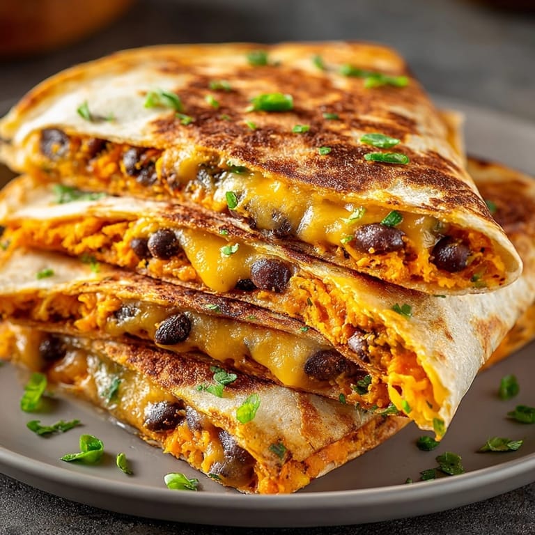 Savory Microwave Sweet Potato Black Bean Quesadilla filling spills from golden, toasted tortilla.