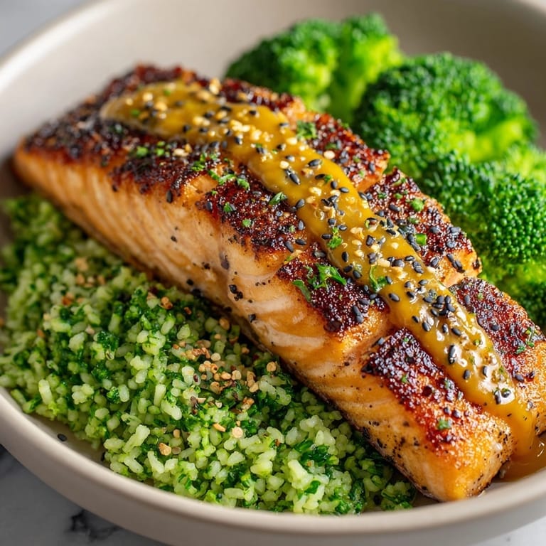 Delicious Honey Mustard Salmon with Broccoli Rice; a healthy, easy weeknight dinner.