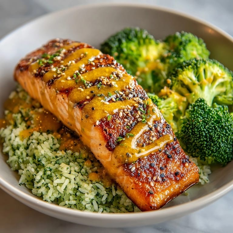 Imagine tender Honey Mustard Salmon with Broccoli Rice, ready to savor and devour.